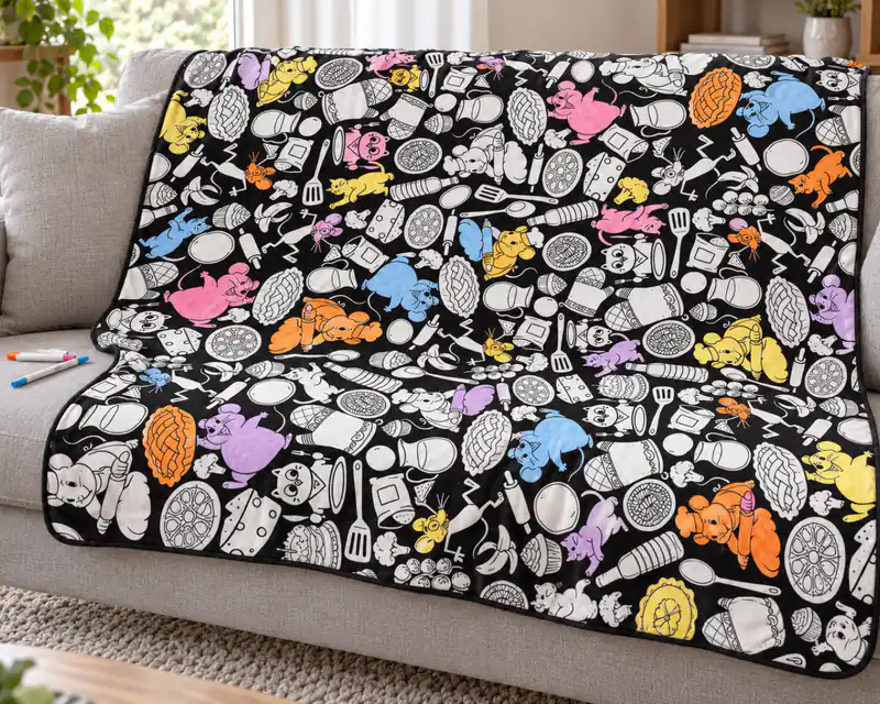 The Cat and Mouse coloring blanket, partly colored in with markers