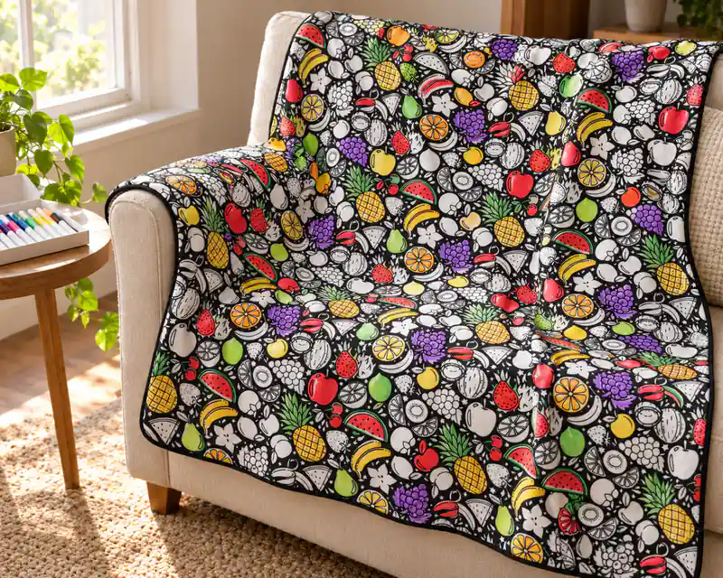 The Fruit Market coloring blanket, partly colored in with markers