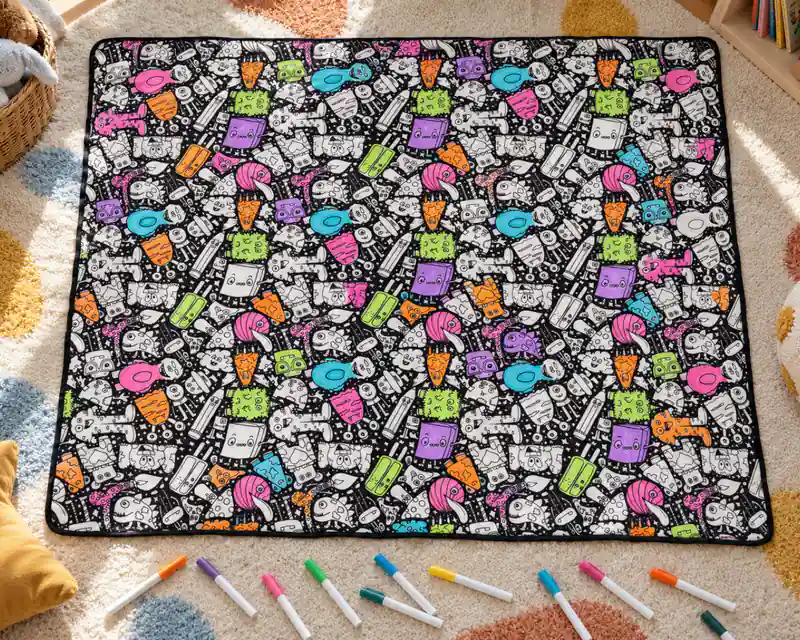 The Little Monsters coloring blanket, partly colored in with markers