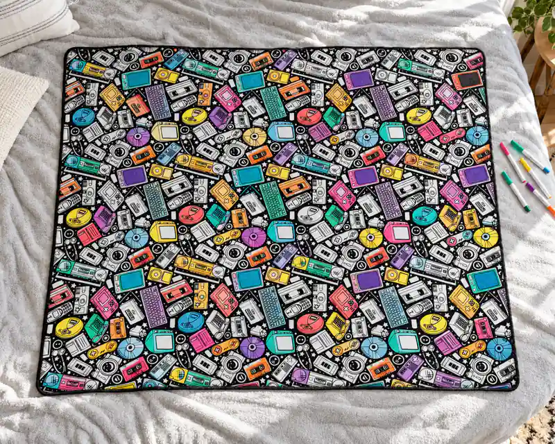 The Retro Tech coloring blanket, partly colored in with markers