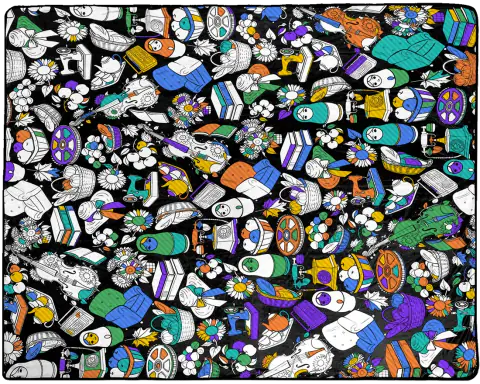 A family sharing one coloring blanket