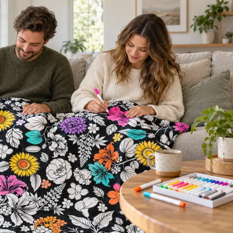 An adult coloring a detailed design on a blanket across her lap