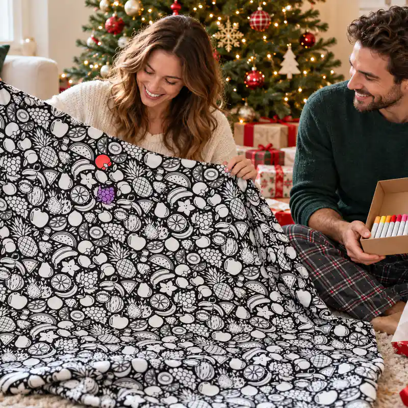 A folded coloring blanket and fabric markers wrapped as a Christmas gift