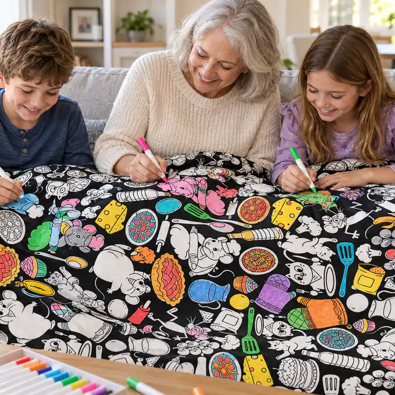 An adult and a child coloring different parts of the same blanket