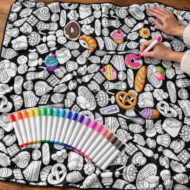 A set of colorful fabric markers next to a patterned coloring blanket