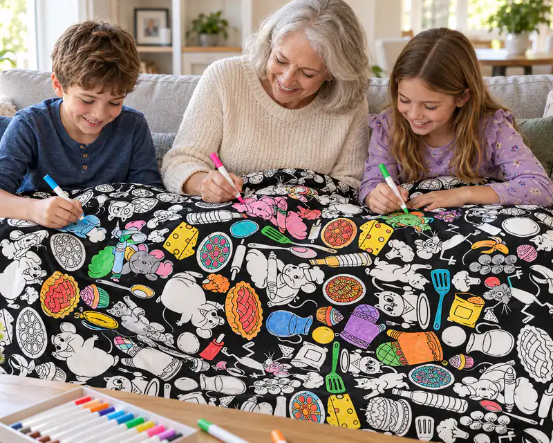 A family coloring the same blanket together