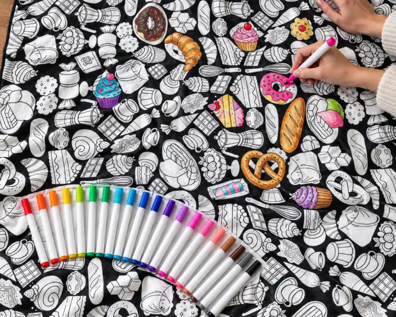 Fabric markers laid out on a coloring blanket