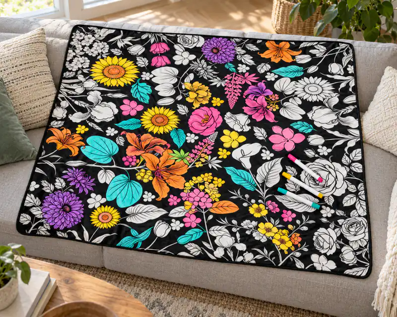The selected coloring blanket design, partly colored in, spread out at home