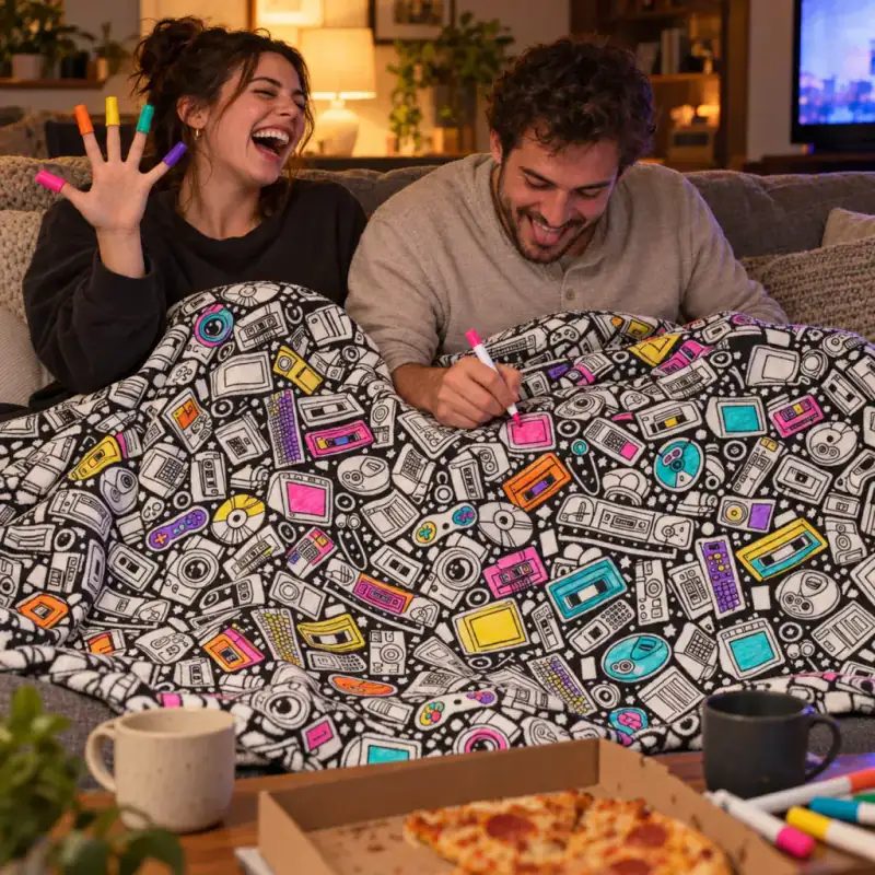 Adults and a child coloring a blanket together on a sofa