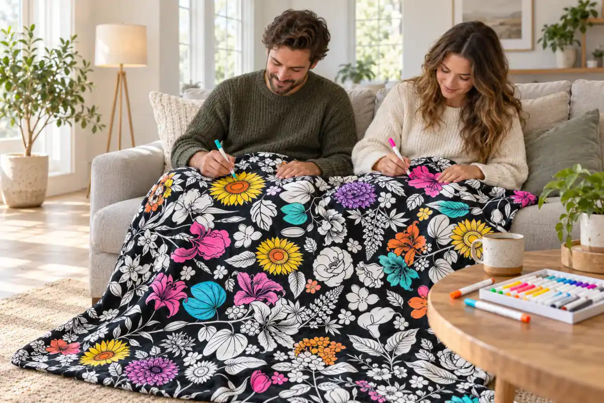 A coloring blanket with line-art designs being filled in with fabric markers